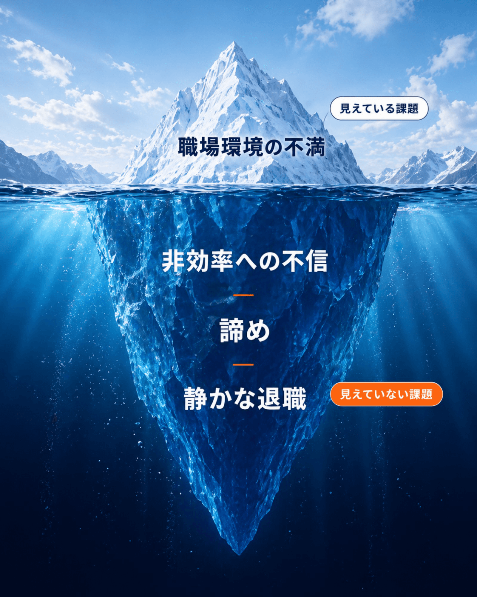氷山メタファー。水面上の「職場環境の不満」と水面下に隠れた「非効率への不信・諦め・静かな退職」を示すキービジュアル