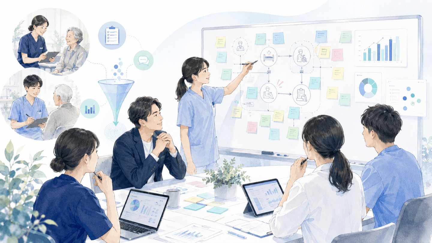 ホワイトボードを囲み、現場の課題を整理する職員と支援者