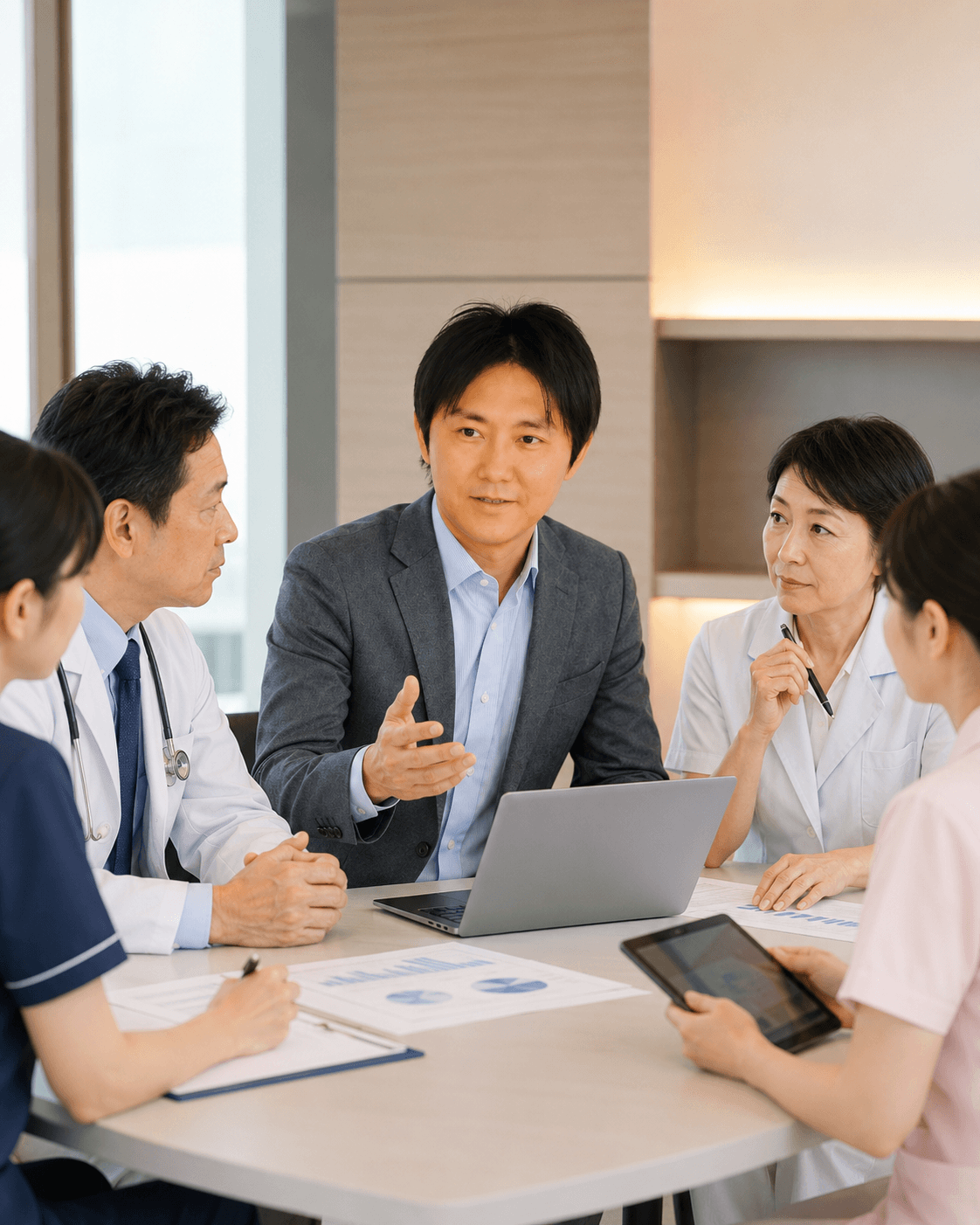病院の会議室で、医師・看護師など多職種のスタッフに業務改善の進め方を説明する様子